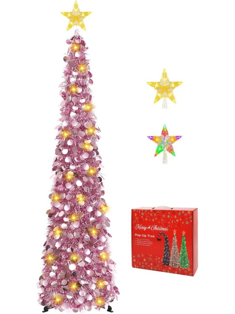 🎄5FT Rose Gold Pop Up with Lighted Top Star for Christmas LED Tree Decorations